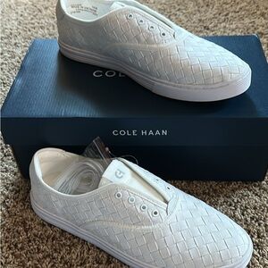 Cole Haan women’s White Woven Slip-On Sneakers